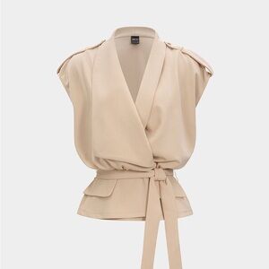 NWT Micas Linen Tie Front Asymmetrical Vest in Khaki, Size Large.